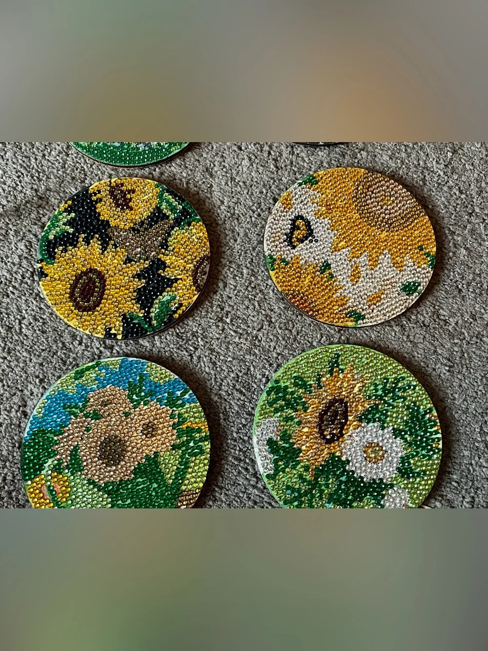 Lot of 8 Diamond Painting Sunflower Coasters w/ Rack